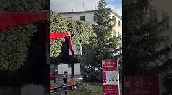 Arezzo Città del Natale, operai al lavoro per realizzare l'albero di piazza Guido Monaco