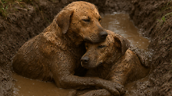 Cani fratelli abbandonati, trovati in un fosso nel fango: abbracciati e inseparabili fino alla fine