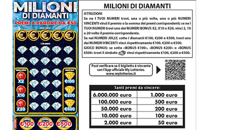 Gratta e vinci pazzesco: sei milioni di euro. Arriva il nuovo gioco nel nome dei diamanti