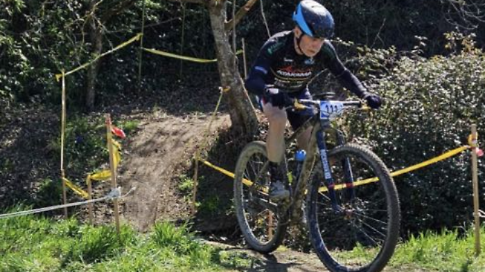 Lupo azzanna ciclista a una gamba che pedala in mountain bike nel sentiero