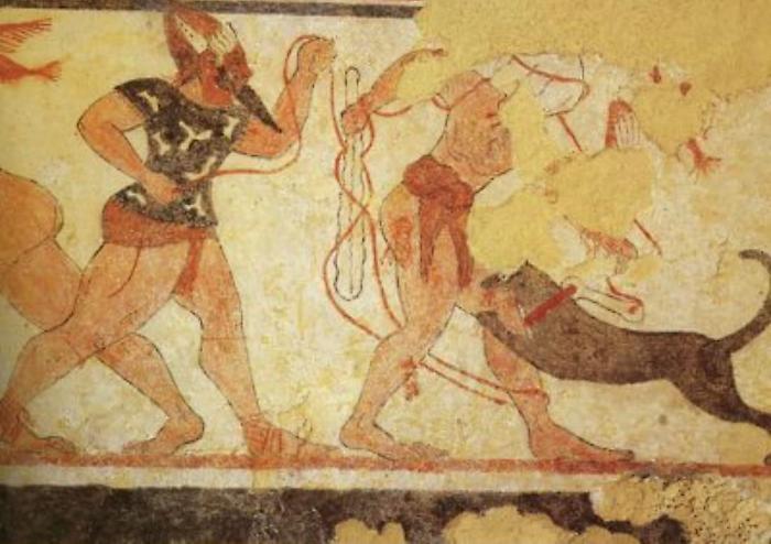 L&rsquo;affresco nella tomba degli Auguri  a Tarquinia.