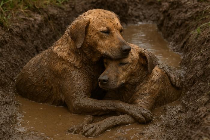 Cani fratelli abbandonati, trovati in un fosso nel fango: abbracciati e inseparabili fino alla fine